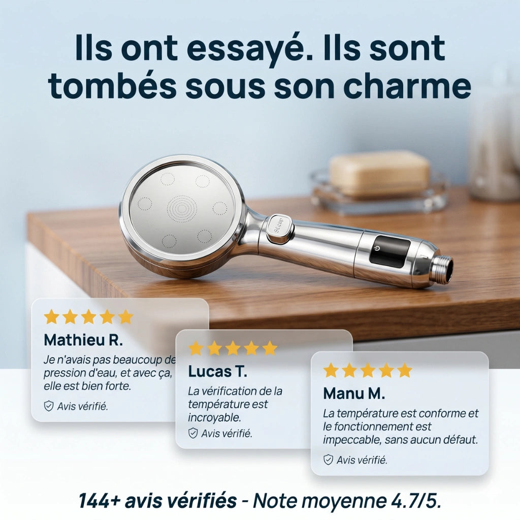 Pommeau de douche économique avec affichage numérique - vue rapprochée sur fond blanc