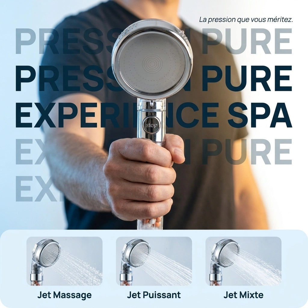 Pommeau de douche avec billes filtrantes anticalcaire présenté avec les modes de jets.