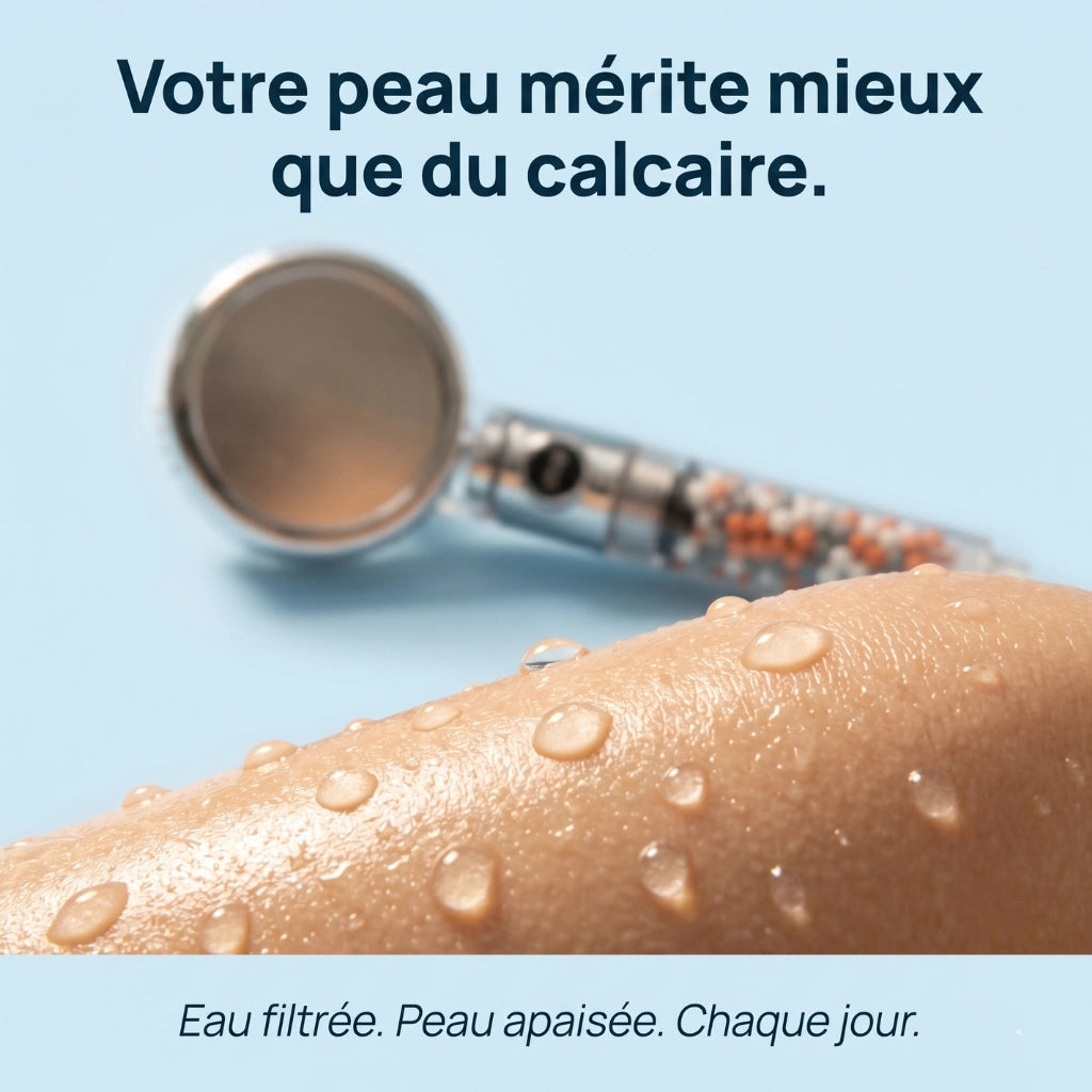Peau montrée avec des gouttes d'eau avec un pommeau floutté en arrière plan.