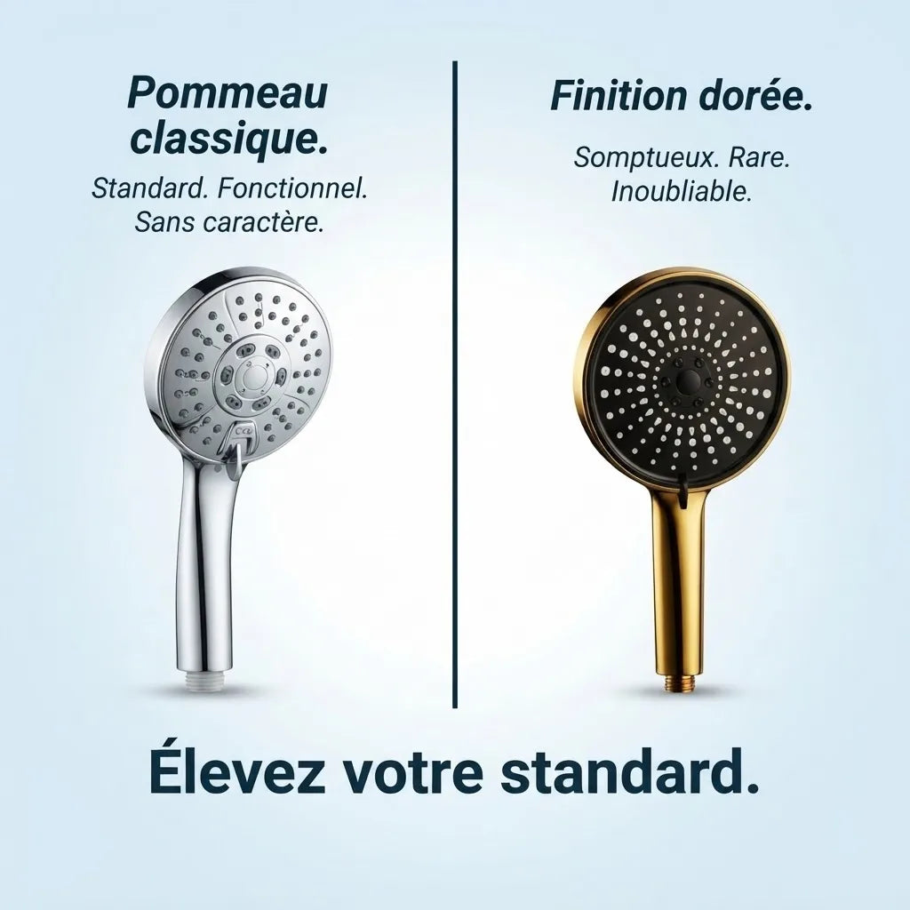 Pommeau de douche doré 5 modes - vue de face sur fond blanc