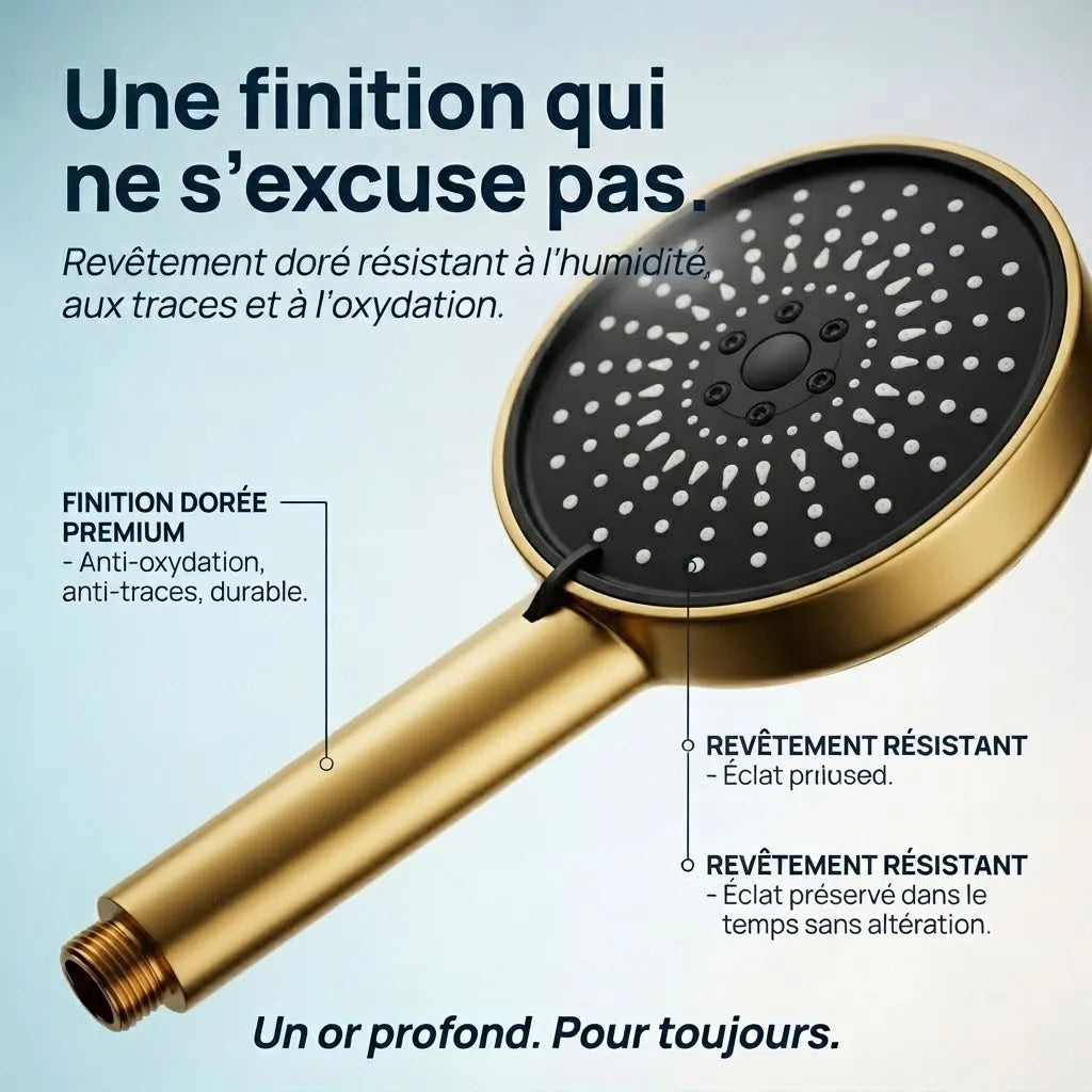 Pommeau de douche doré 5 modes - vue de côté sur fond blanc