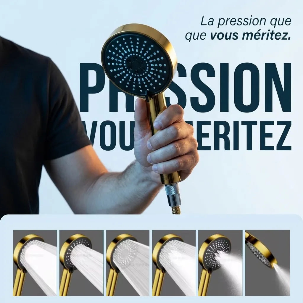 Pommeau de douche doré 5 modes - vue principale sur fond blanc