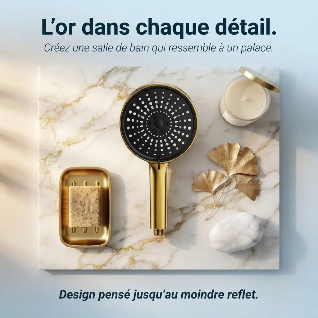 Pommeau de douche doré 5 modes - détail des buses sur fond blanc