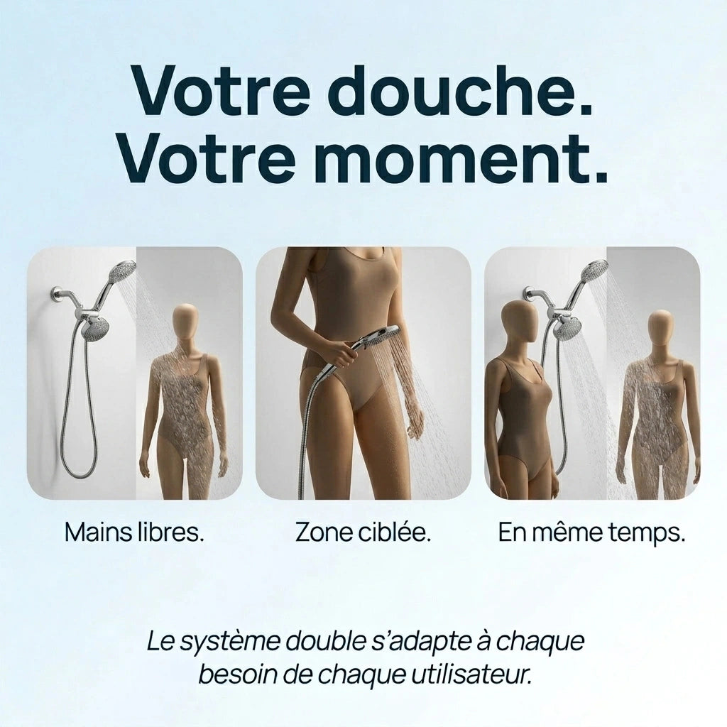 Pommeau de douche double haut débit chrome - vue de côté sur fond blanc