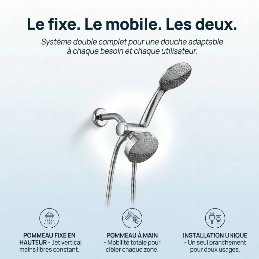 Pommeau de douche double haut débit chrome - vue de dos sur fond blanc
