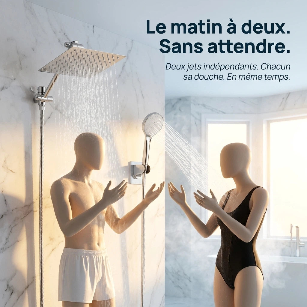 Pommeau de douche double kit complet chrome - détail des buses sur fond blanc