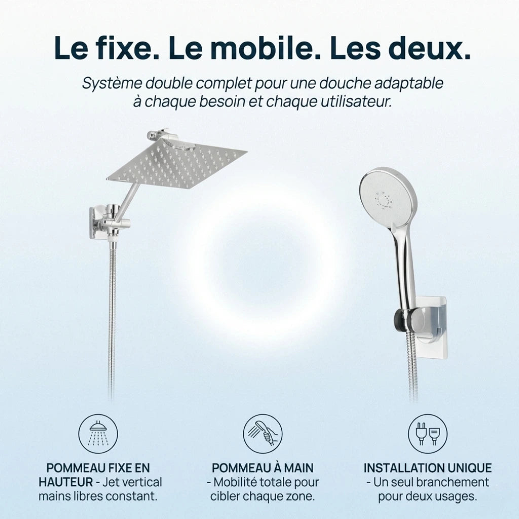 Pommeau de douche double kit complet chrome - vue de dos sur fond blanc