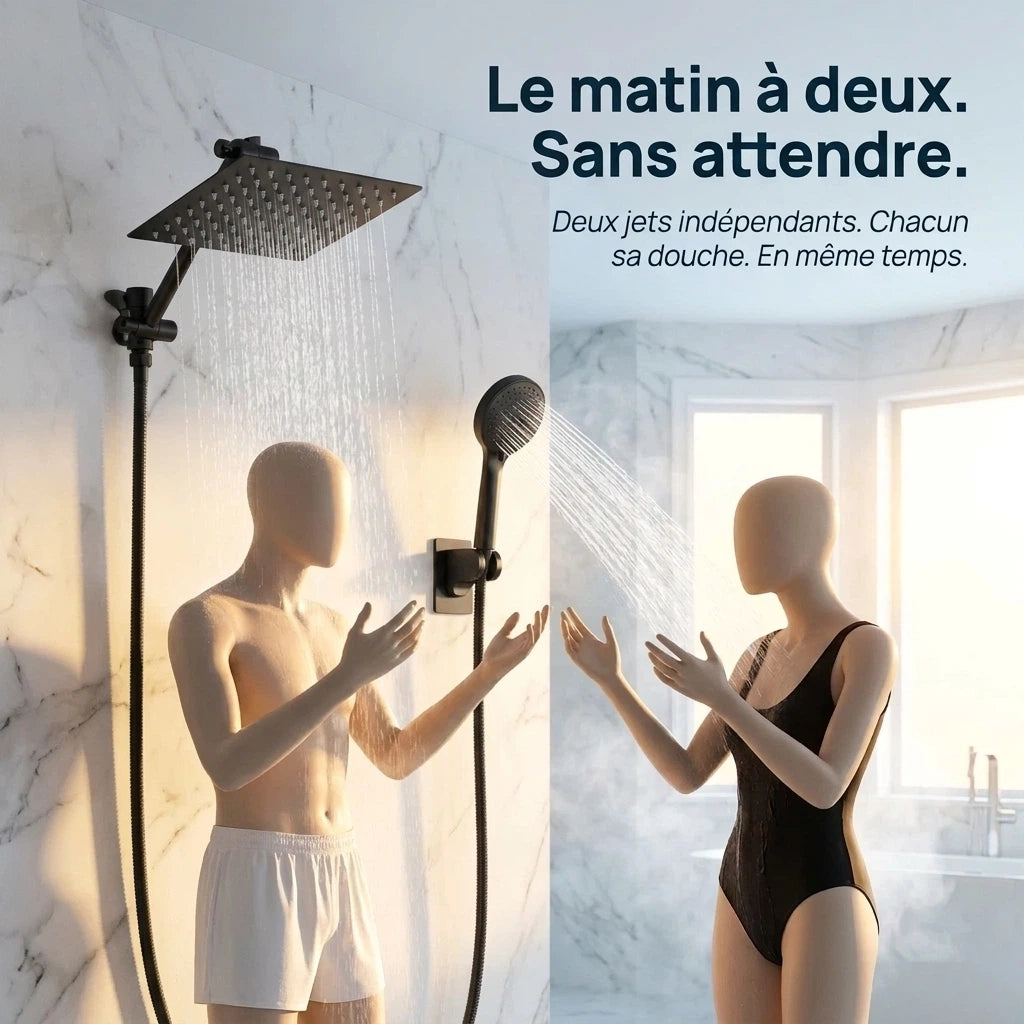 Pommeau de douche double kit complet noir - vue de dos sur fond blanc