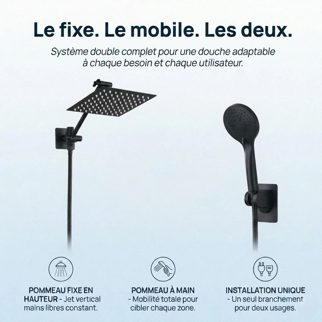 Pommeau de douche double kit complet noir - vue de côté sur fond blanc
