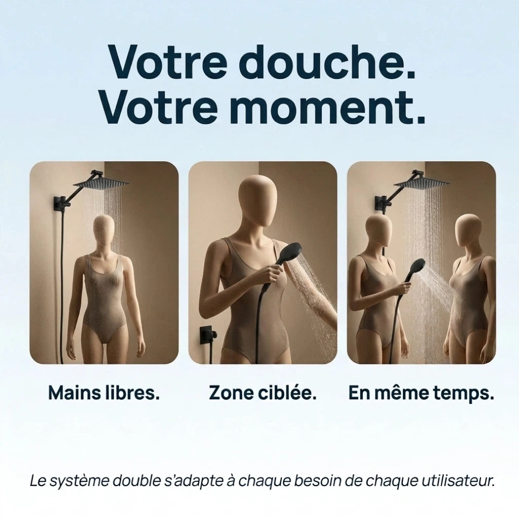 Pommeau de douche double kit complet noir - vue de face sur fond blanc