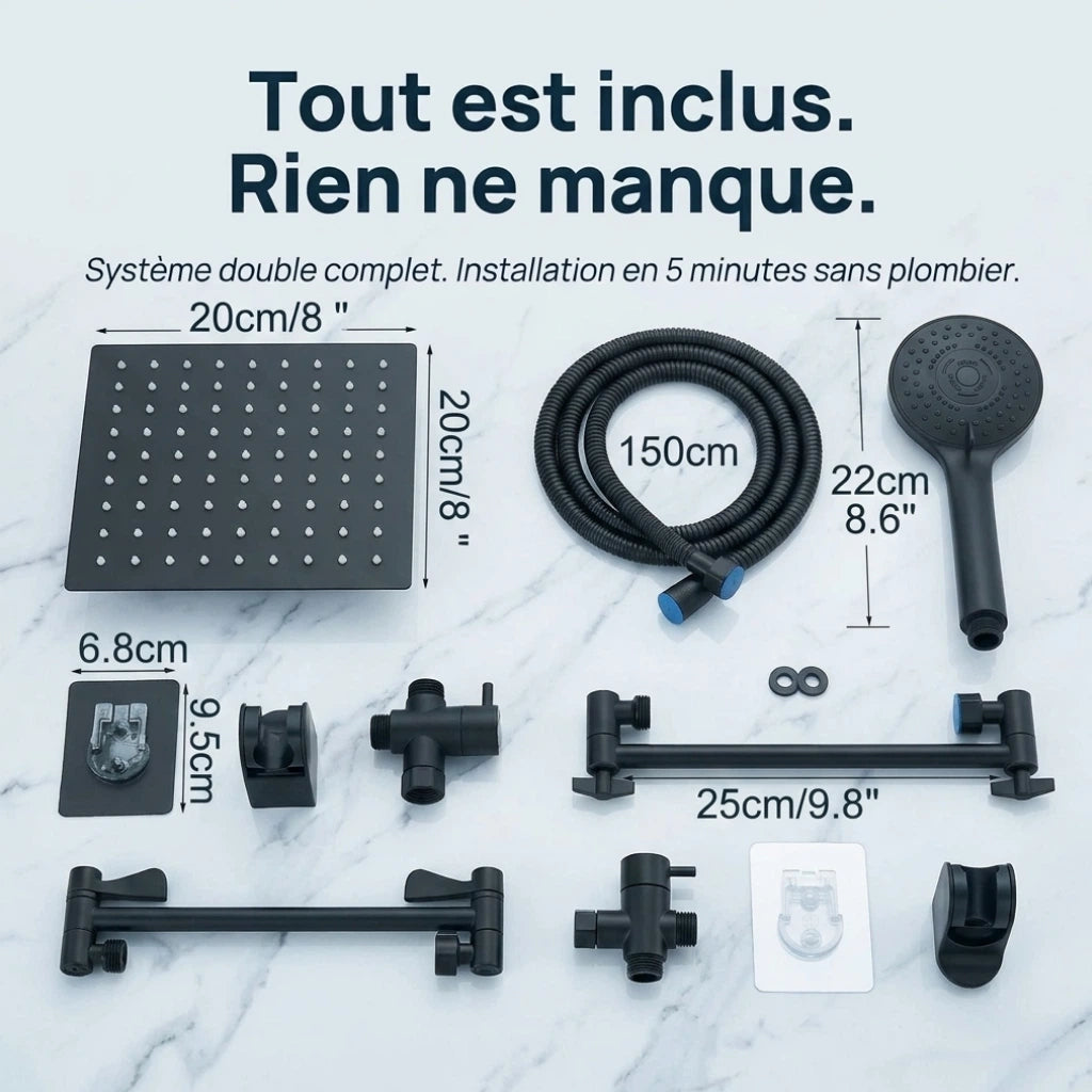 Pommeau de douche double kit complet noir - détail des buses sur fond blanc