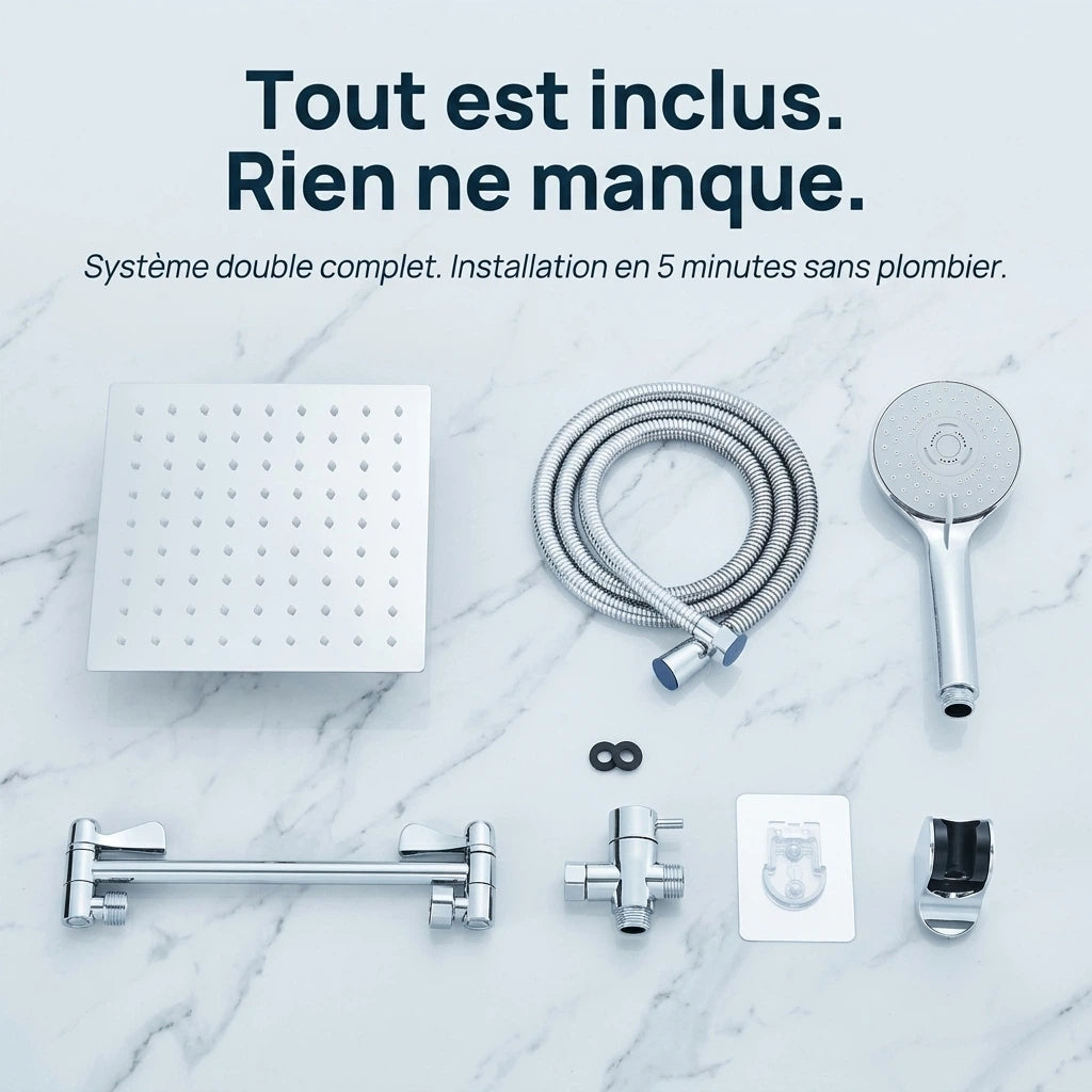Pommeau de douche double kit complet chrome - vue rapprochée sur fond blanc