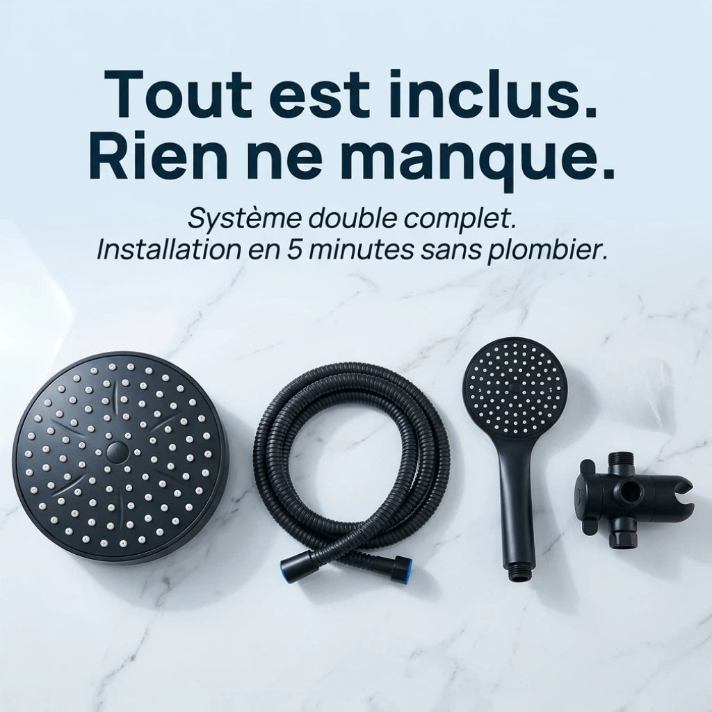 Pommeau de douche double haut débit noir - vue rapprochée sur fond blanc