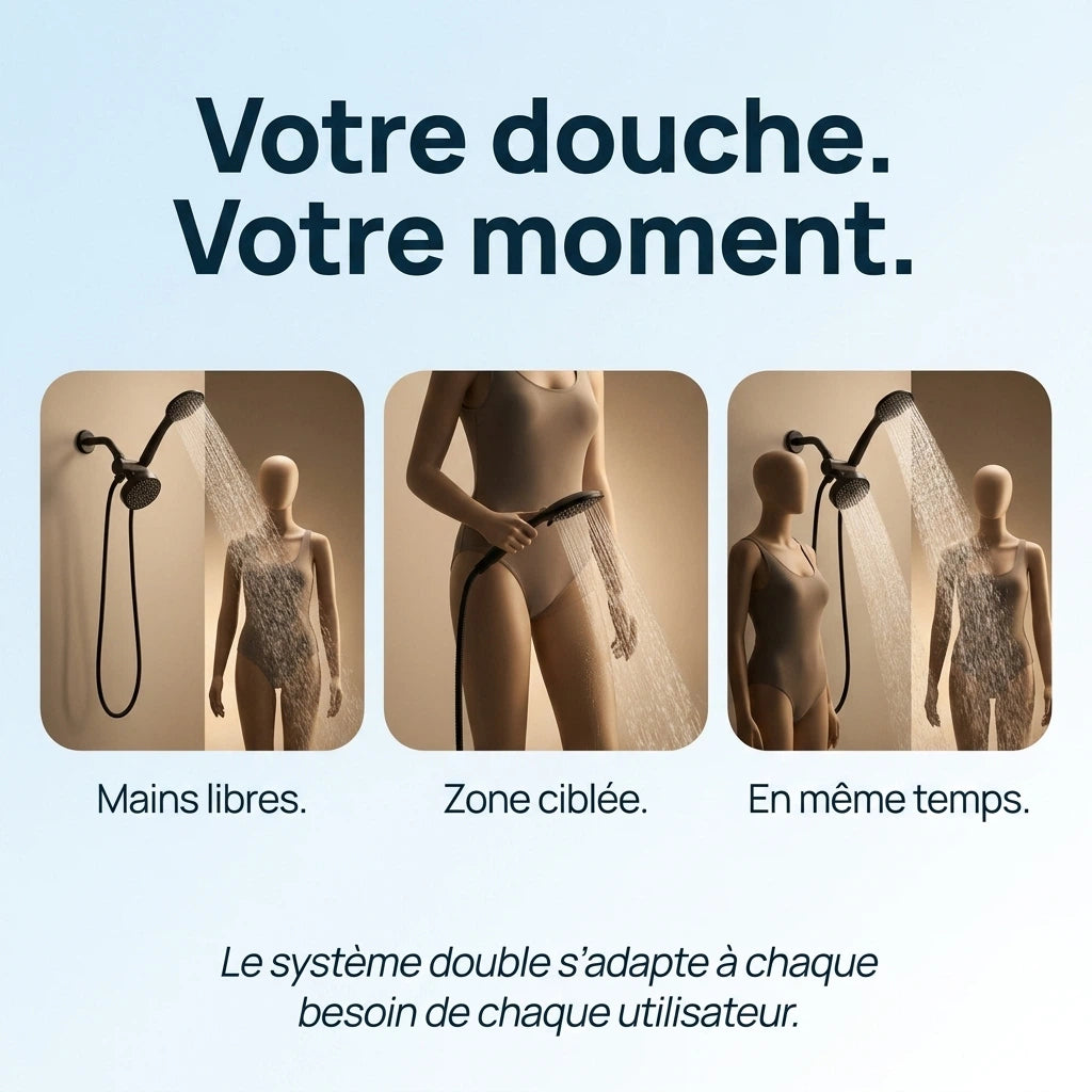 Pommeau de douche double haut débit noir - vue de dos sur fond blanc