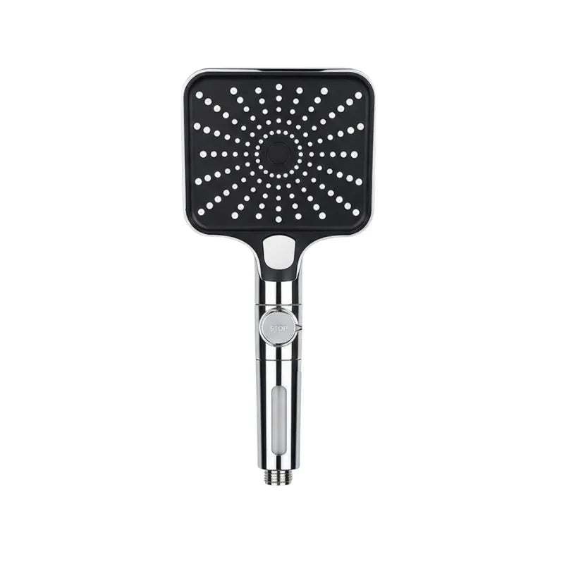 Pommeau de douche argent carré stop eau sur fond blanc