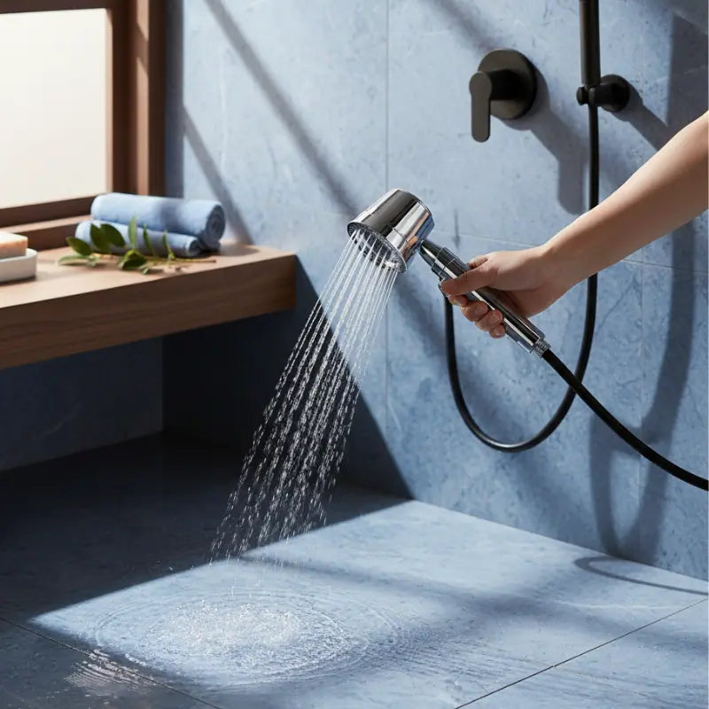 Pommeau de douche chrome dans une douche bleu tenu à la main