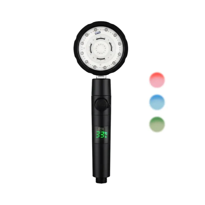 Pommeau de douche noir à led thermosensible sur fond blanc