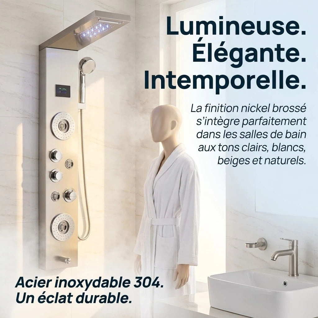 Colonne de douche inox double pommeau - Haute pression - Installation rapide - détail des buses sur fond blanc