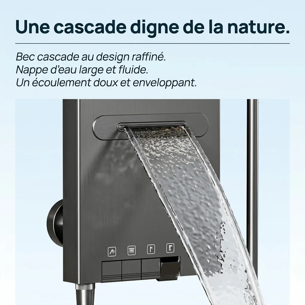 Colonne de Douche Argent Anneau Pluie Céleste Mitigeur LED - détail du mécanisme sur fond blanc