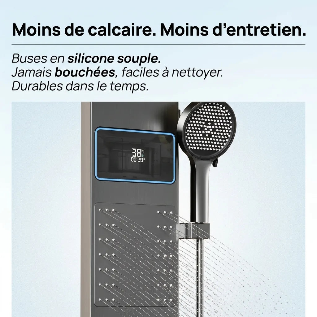 Colonne de Douche Argent Anneau Pluie Céleste Mitigeur LED - vue d'ensemble sur fond blanc