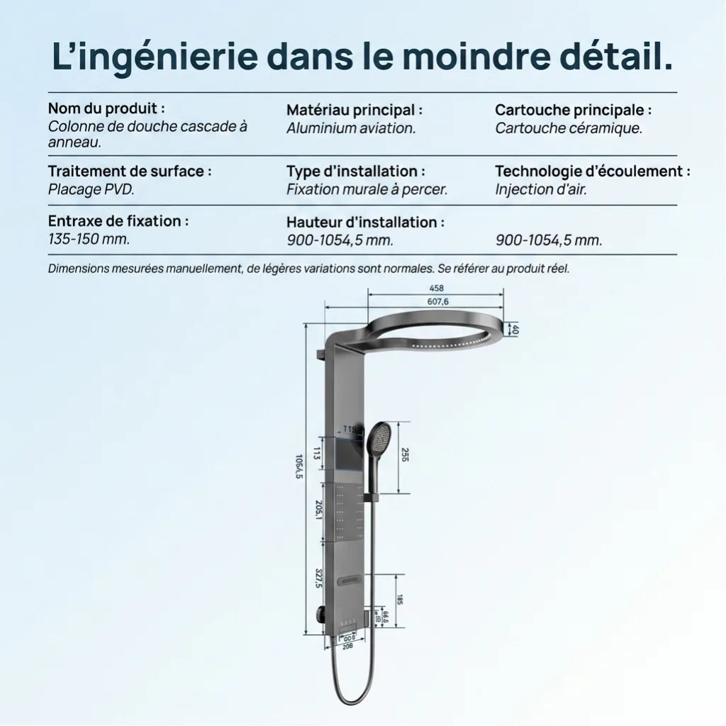Colonne de Douche Argent Anneau Pluie Céleste Mitigeur LED - vue de détail sur fond blanc
