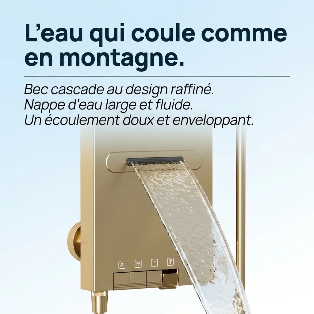 Colonne de Douche Dorée Anneau LED Hydromassant Aluminium PVD - vue de dos sur fond blanc