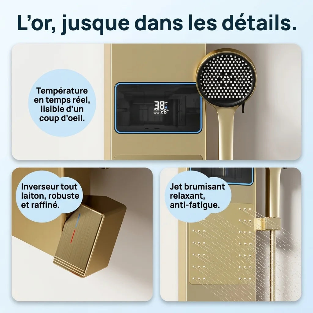 Colonne de Douche Dorée Anneau LED Hydromassant Aluminium PVD - vue de côté sur fond blanc
