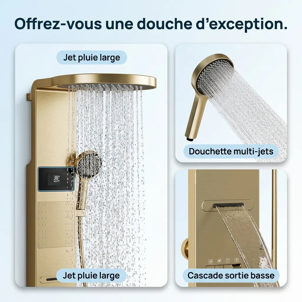 Colonne de Douche Dorée Anneau LED Hydromassant Aluminium PVD - vue de face sur fond blanc