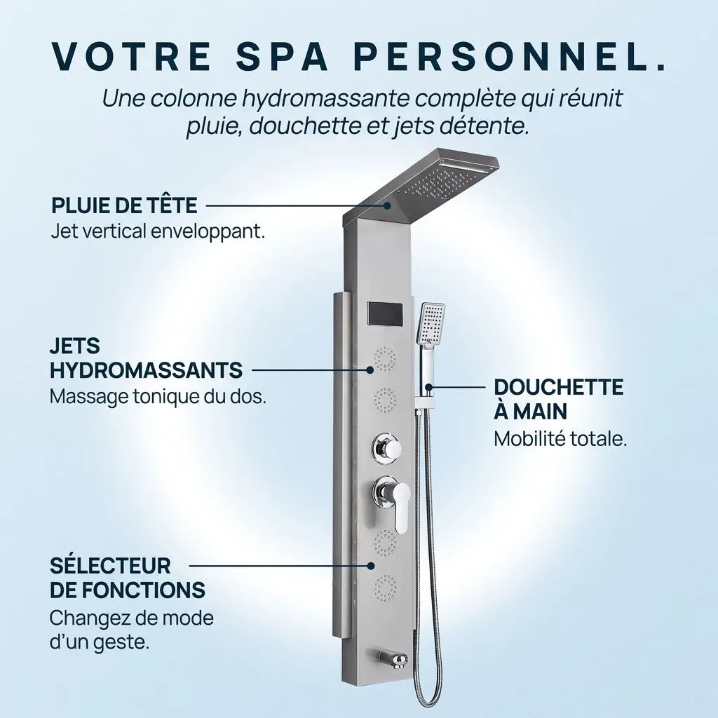 Colonne de Douche Hydromassante Inox Brossé - 4 Jets LED