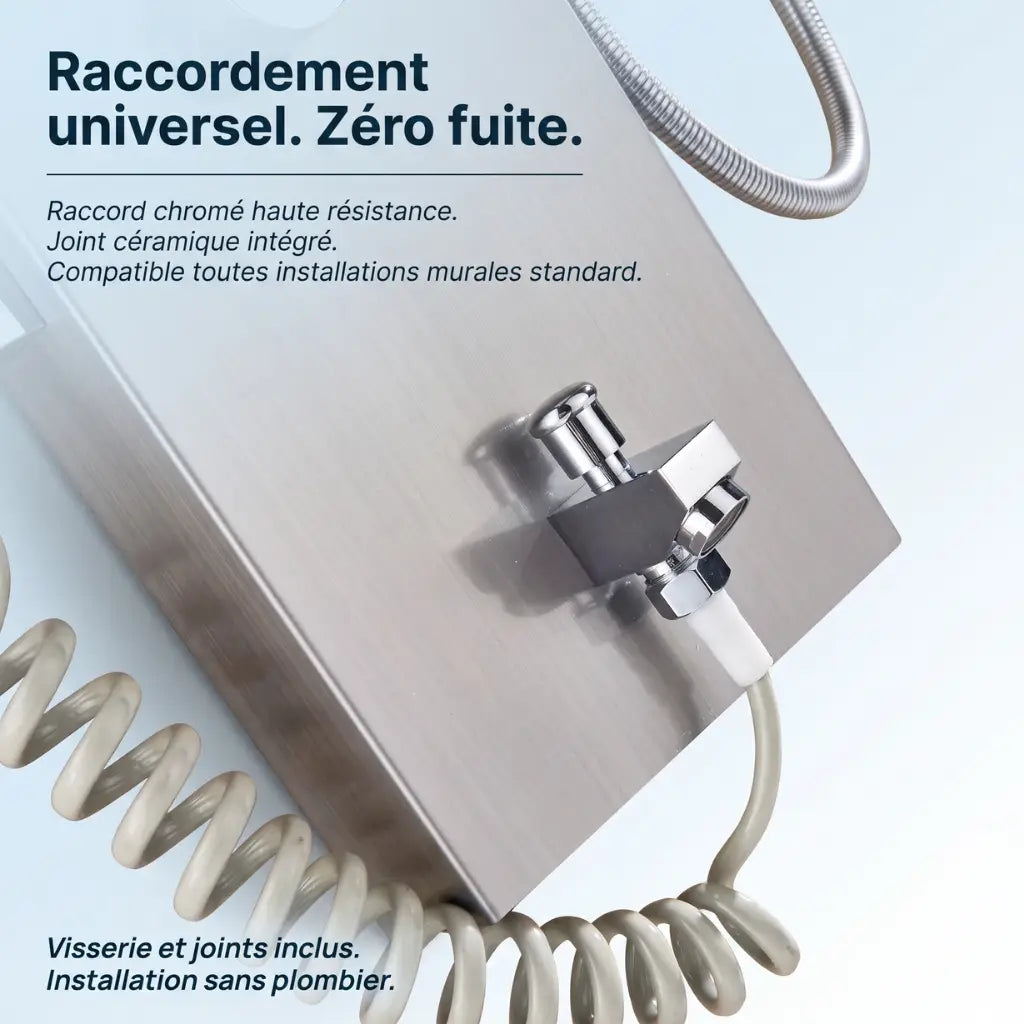 Colonne de douche nickel hydromassante mitigeur 6 fonctions robinet baignoire pomme laiton inox - vue de côté sur fond blanc