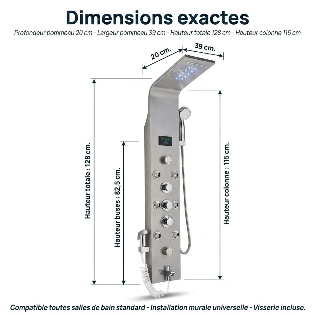 Colonne de Douche Nickel Hydromassante – Mitigeur 6 Fonctions, Robinet Baignoire, Pomme Laiton | Inox 304