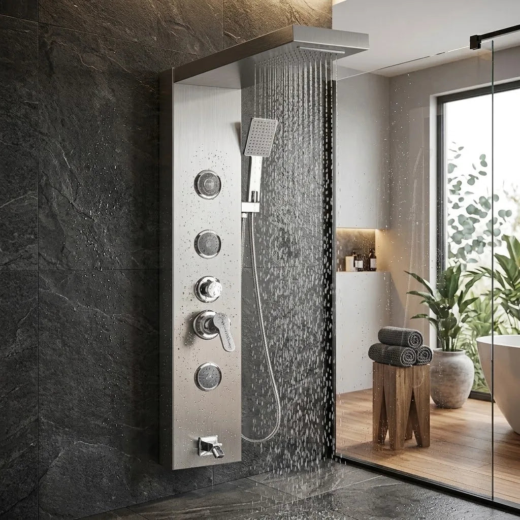 Colonne de Douche Hydromassante Inox Brossé - 3 Jets
