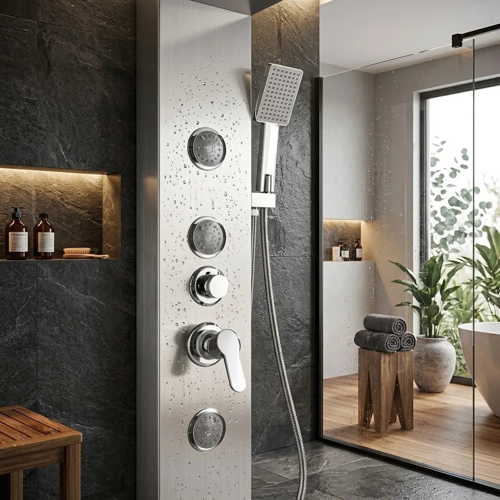 Colonne de Douche Hydromassante Inox Brossé - 3 Jets