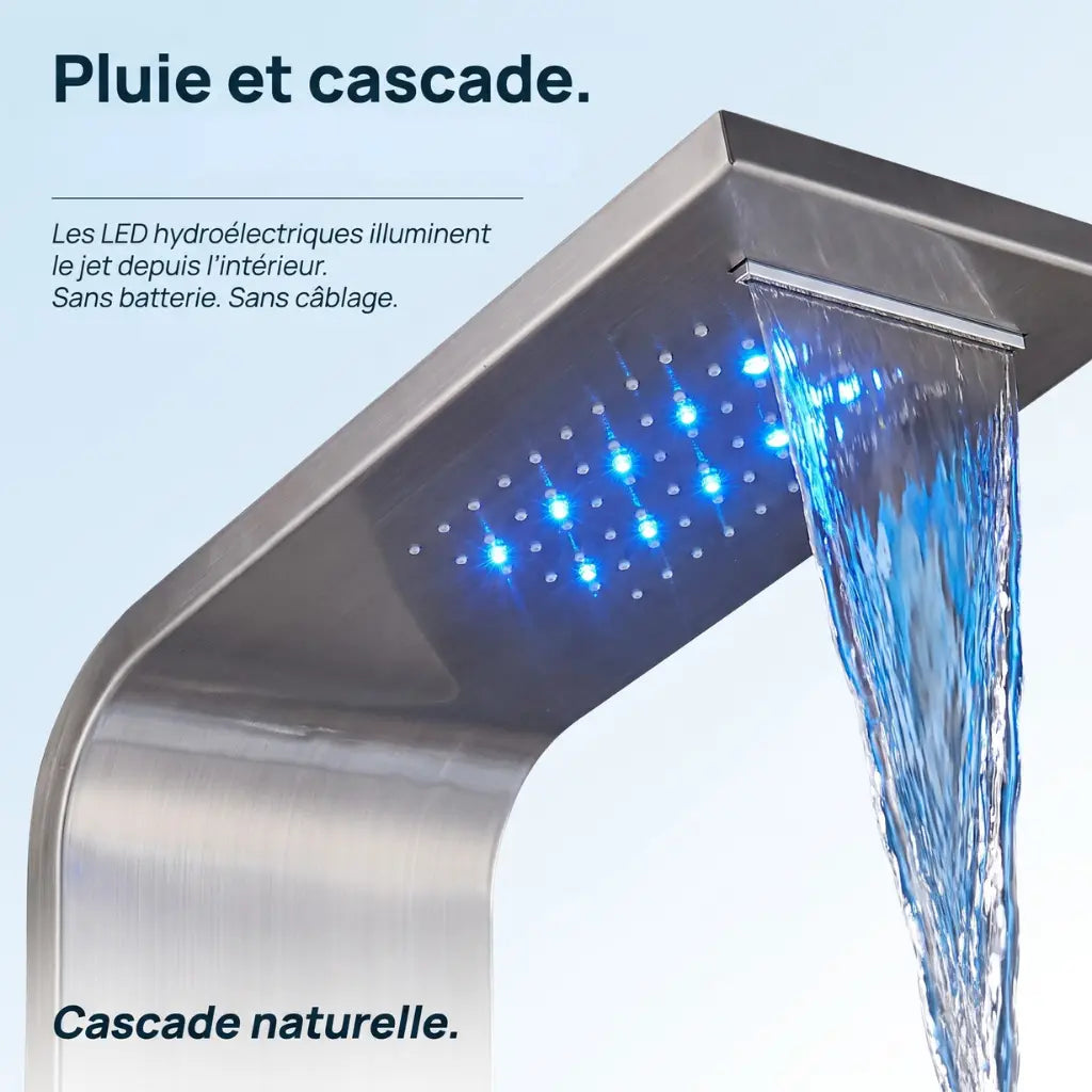 Colonne de douche nickel hydromassante mitigeur 6 fonctions robinet baignoire pomme laiton inox - vue de dos sur fond blanc