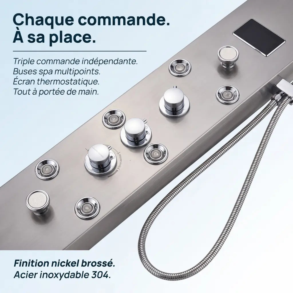 Colonne de douche nickel hydromassante mitigeur 6 fonctions robinet baignoire pomme laiton - vue rapprochée sur fond blanc