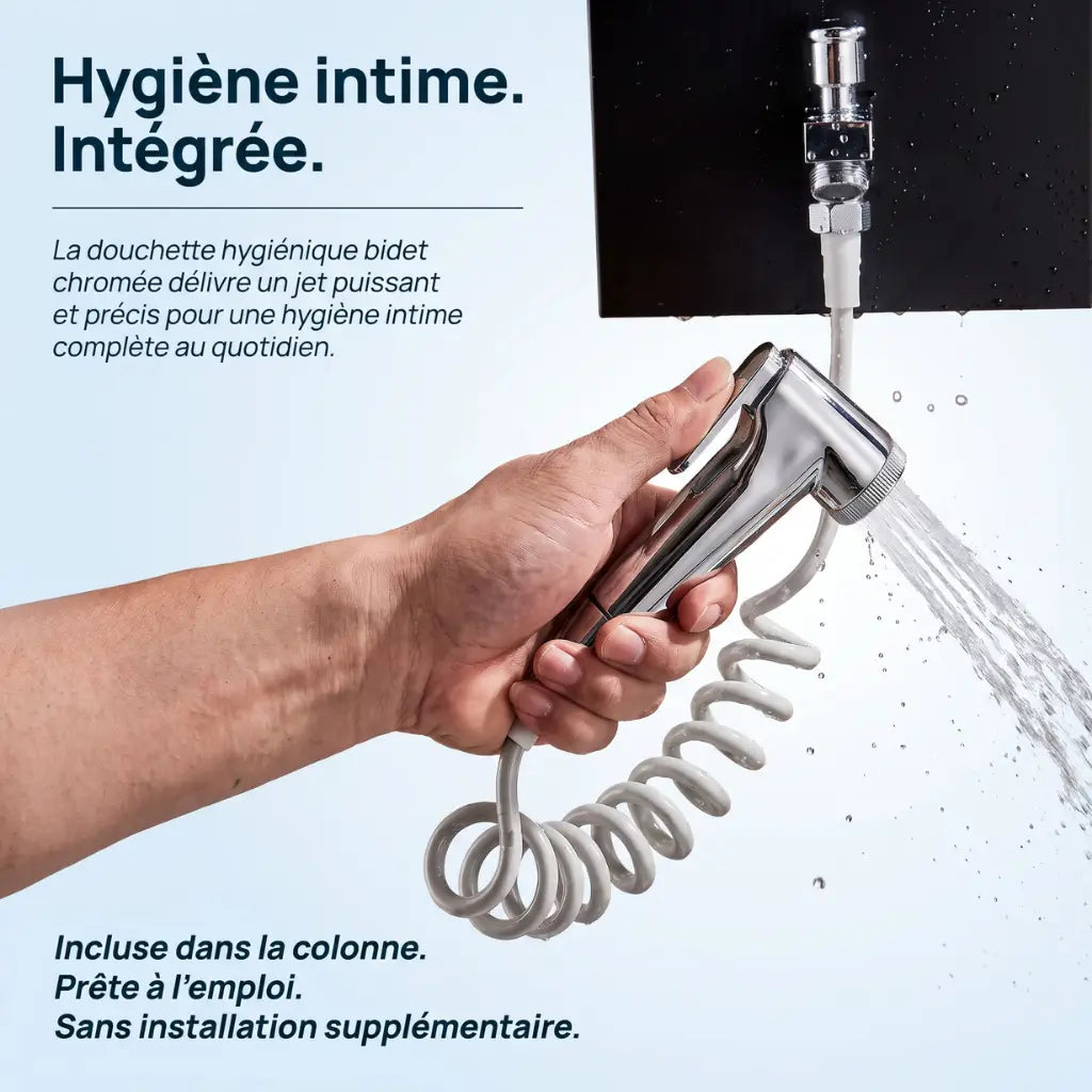 Colonne de douche noire hydromassante mitigeur 6 fonctions robinet - détail du mécanisme sur fond blanc