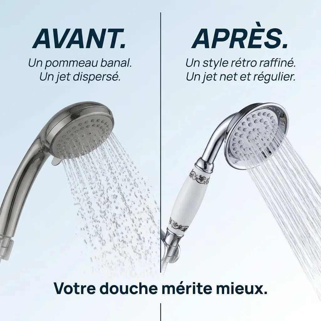 Douchette Économique Vintage Chromée Céramique Motif Fleur - vue de face sur fond blanc