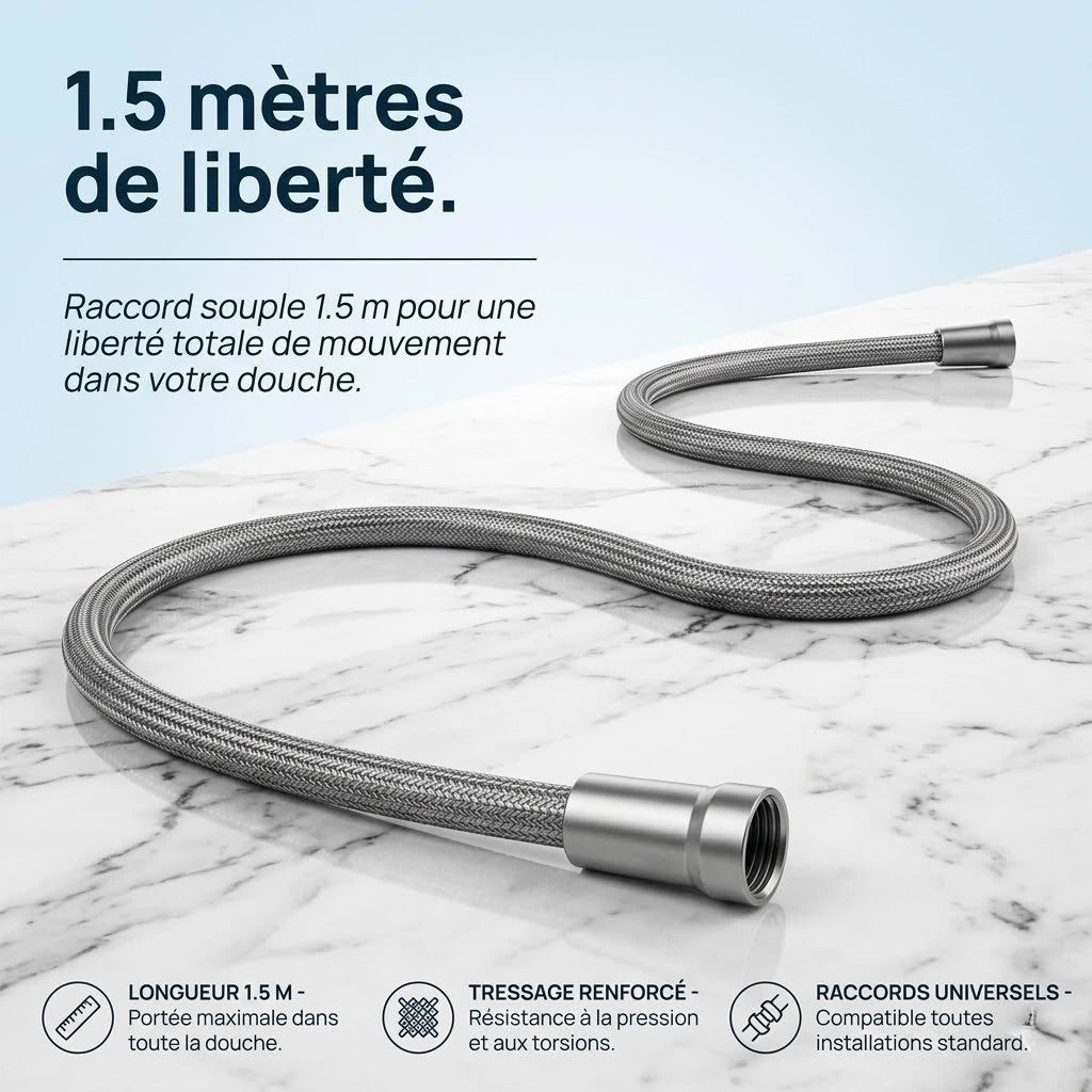Raccord de douche tressé universel 1.5/2m - vue de détail sur fond blanc