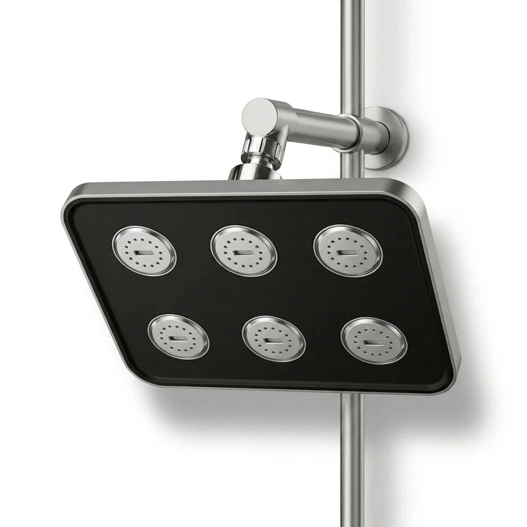 Mini tête de douche noir effet pluie vue de face sur fond blanc