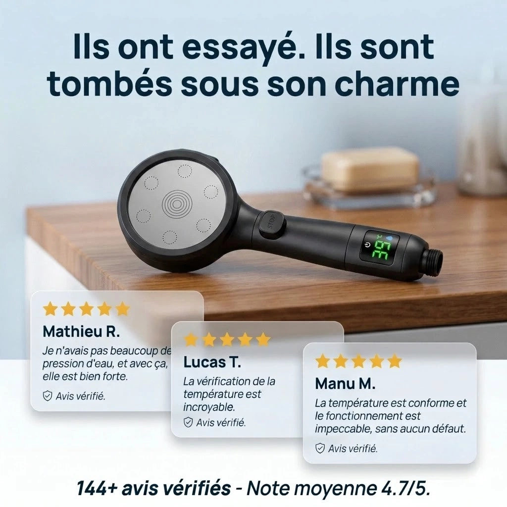 Pommeau de douche noir avec affichage numérique - en utilisation dans la douche