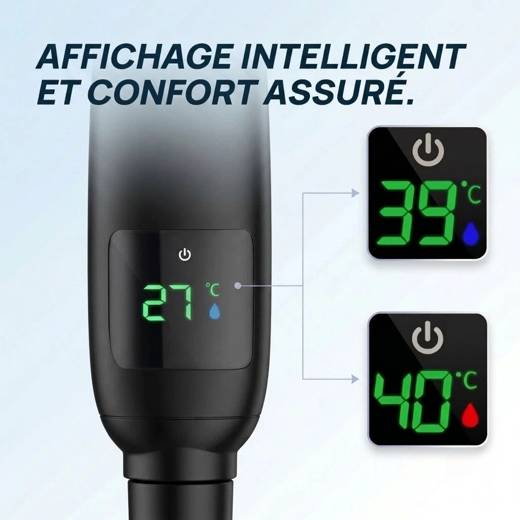 Pommeau de douche noir avec affichage numérique - vue rapprochée sur fond blanc