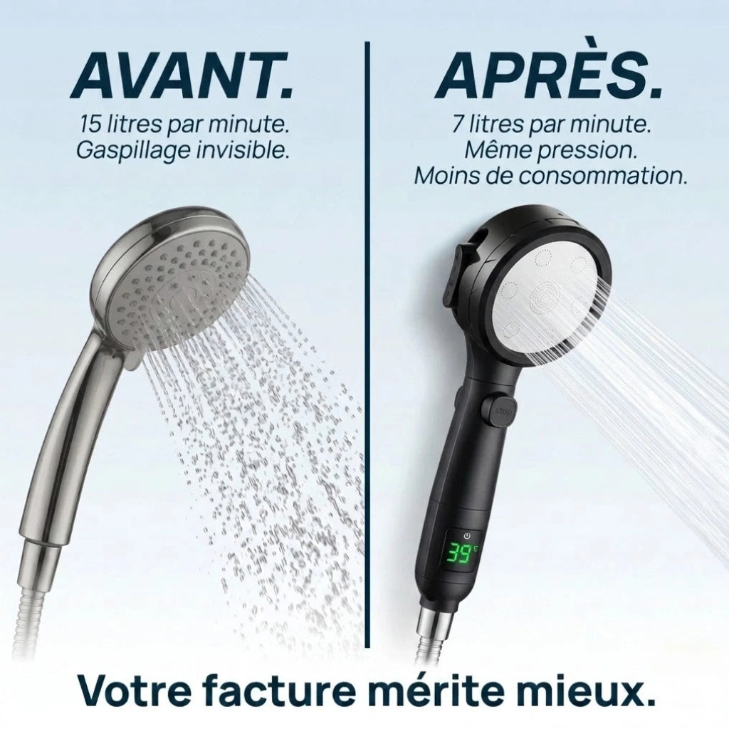 Pommeau de douche noir avec affichage numérique - vue de côté sur fond blanc