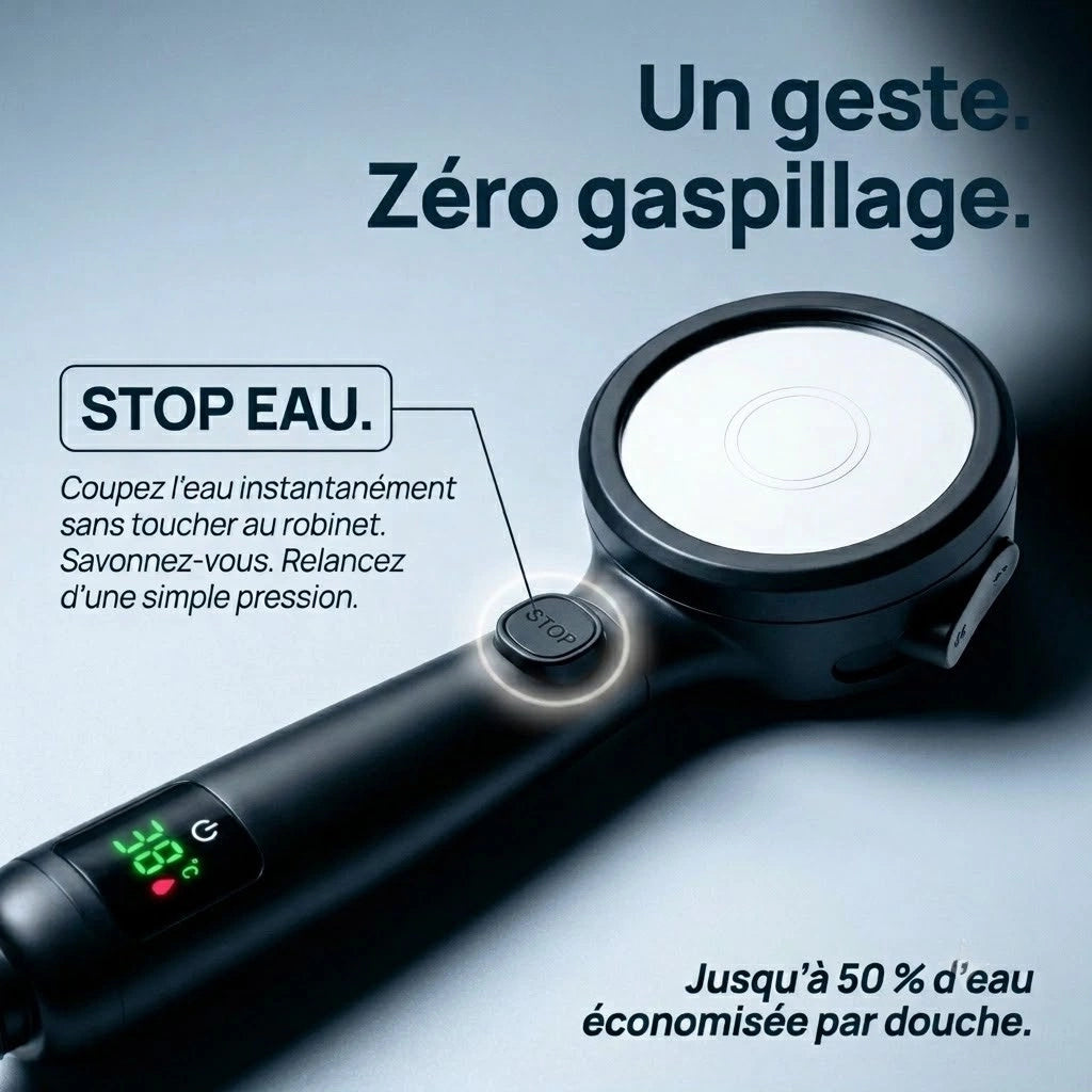 Pommeau de douche noir avec affichage numérique - vue de face sur fond blanc