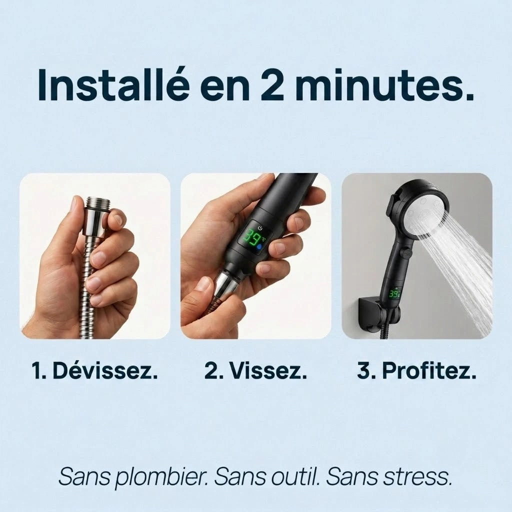 Pommeau de douche noir avec affichage numérique - vue de dos sur fond blanc