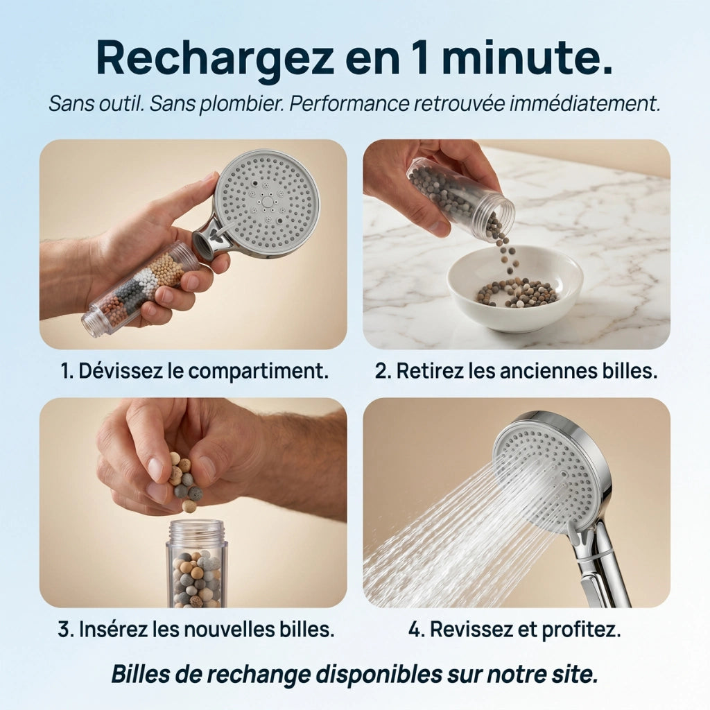 Changement des billes d'un pommeau de douche avec système de billes filtrantes et fonctions multiples.
