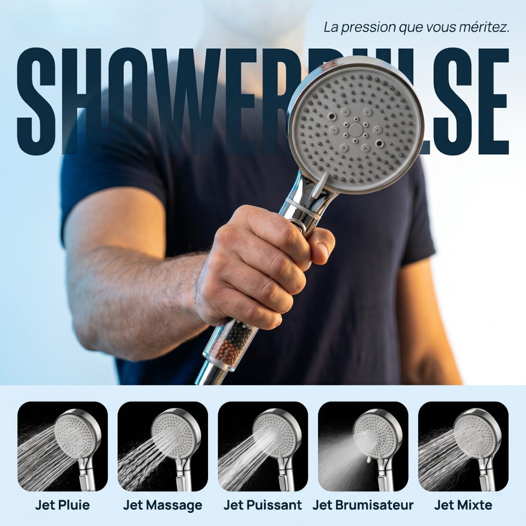Pommeau de douche à bille anticalcaire avec jet puissant multifonctions vu sur fond bleu.