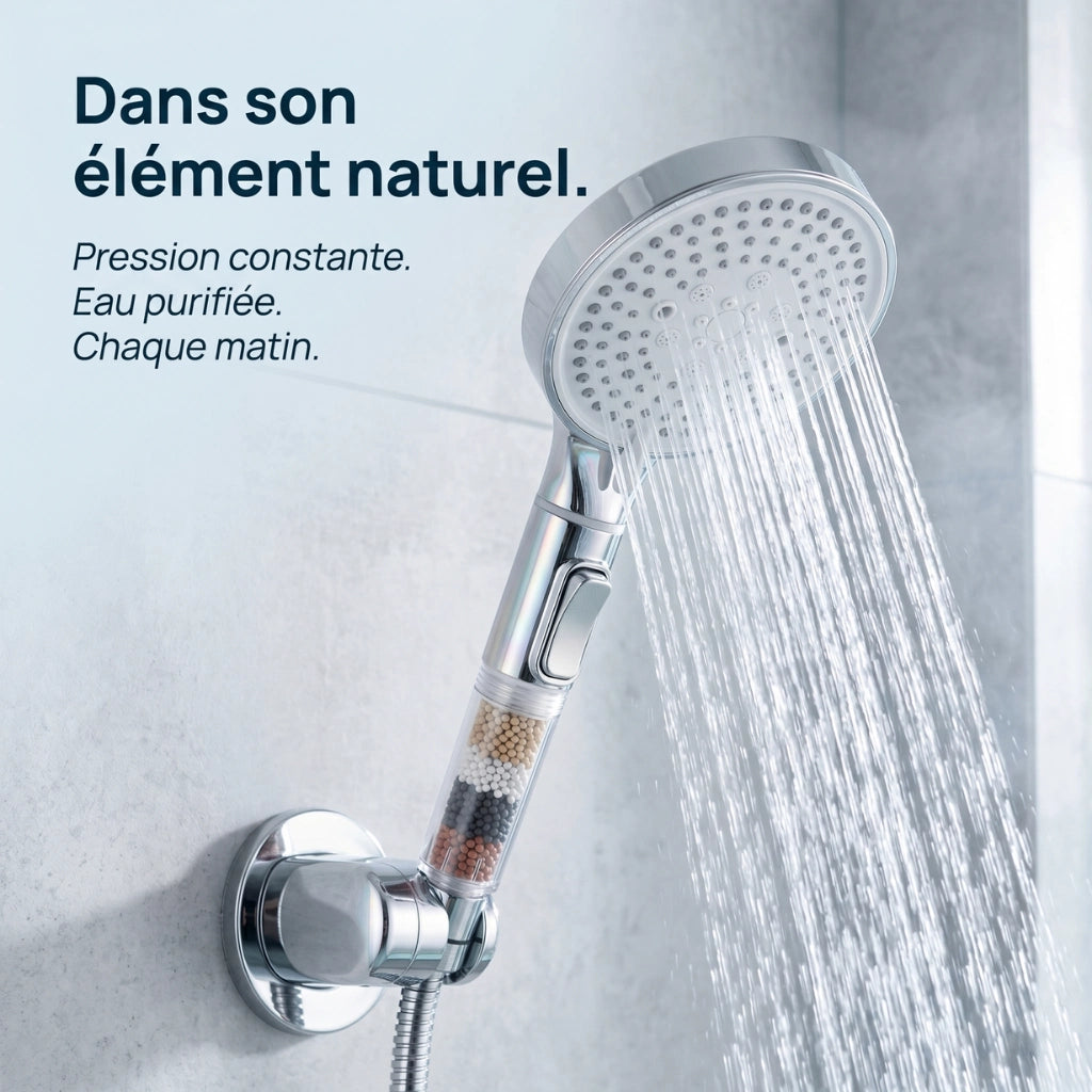 Pommeau de douche en action avec système de billes filtrantesdans une salle de bain moderne.