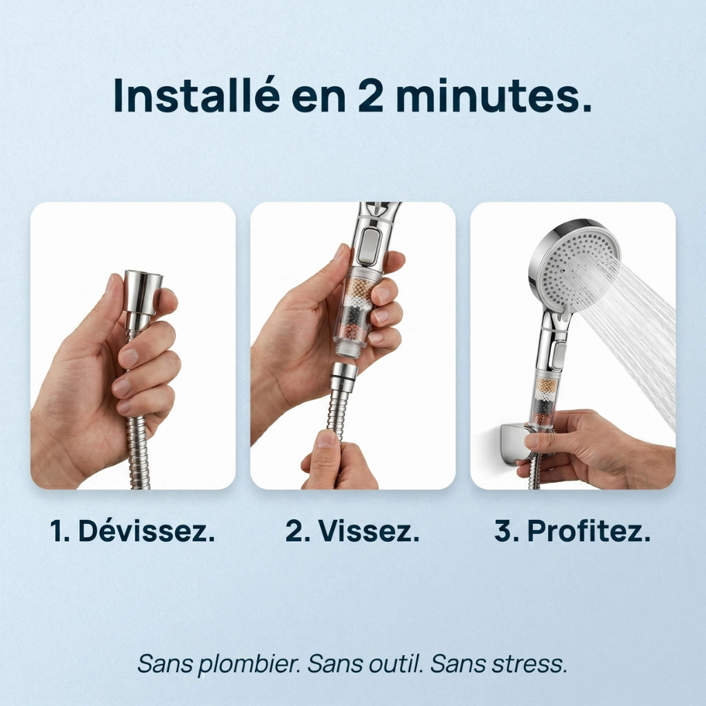 Explication pommeau de douche à bille anticalcaire avec jet puissant multifonctions.