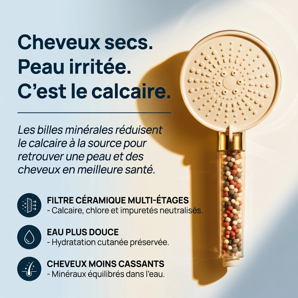 Pommeau de douche anti calcaire à billes 5 modes - vue de détail sur fond blanc