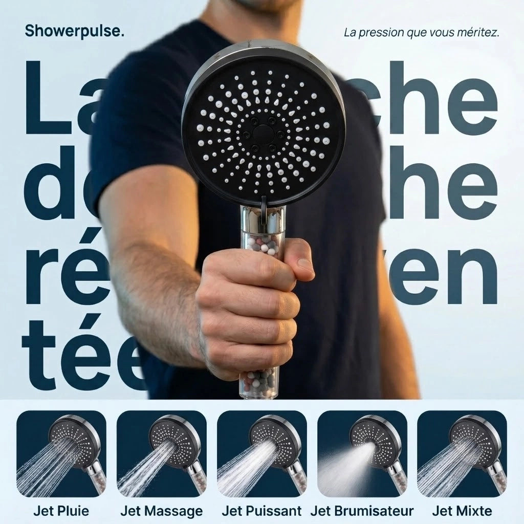 Pommeau de douche noir anti calcaire à billes 5 modes - vue principale sur fond blanc